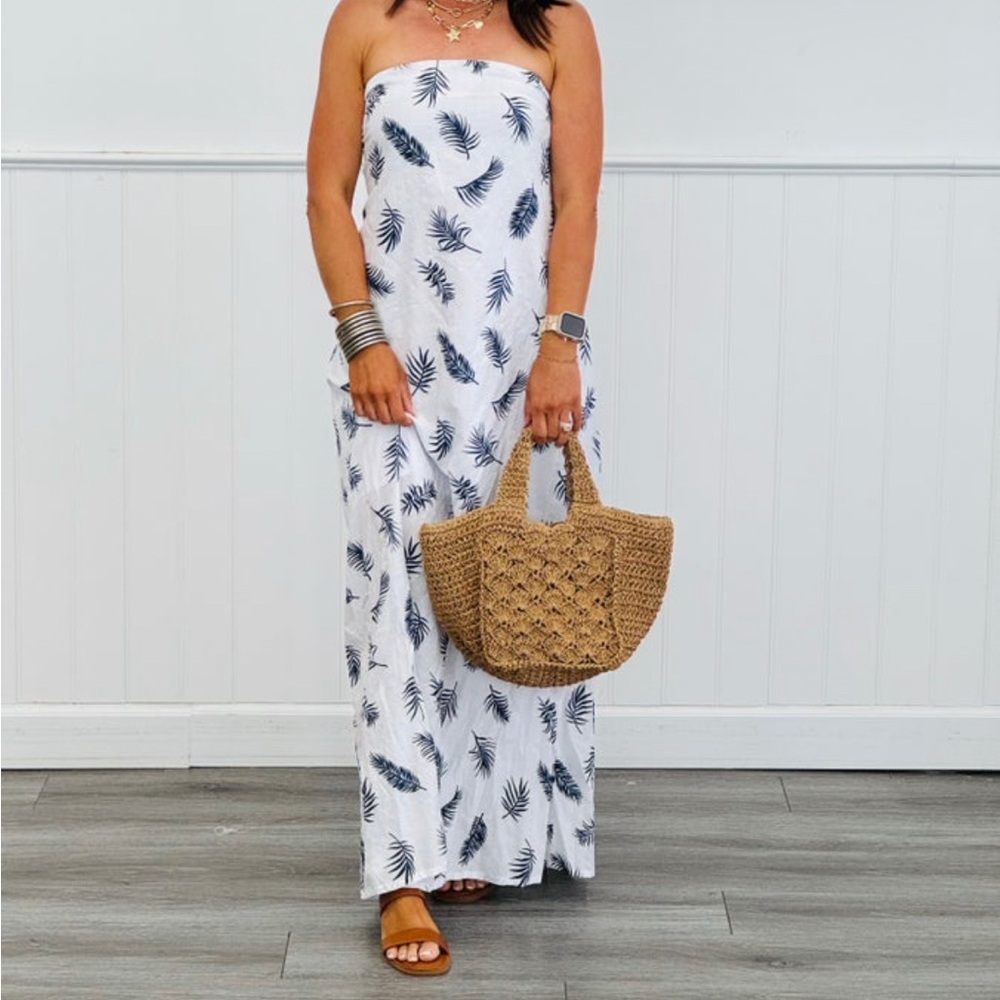 HYFVE White Strapless Maxi Dress with Navy Leaf Print